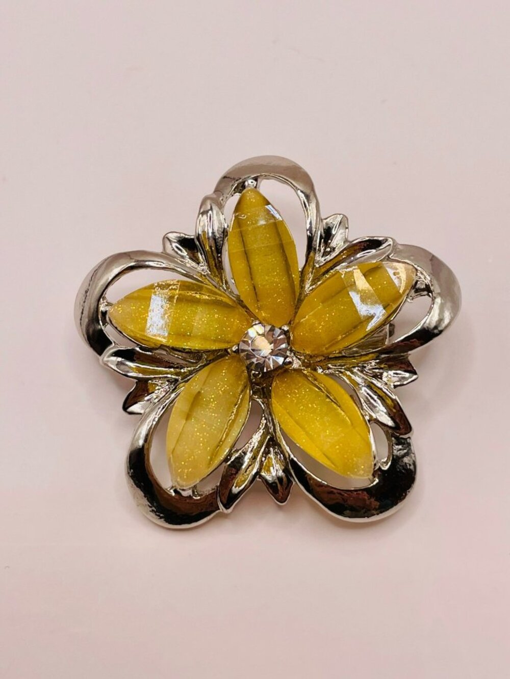 Silver Tone Yellow Flower Brooch Pin -20B